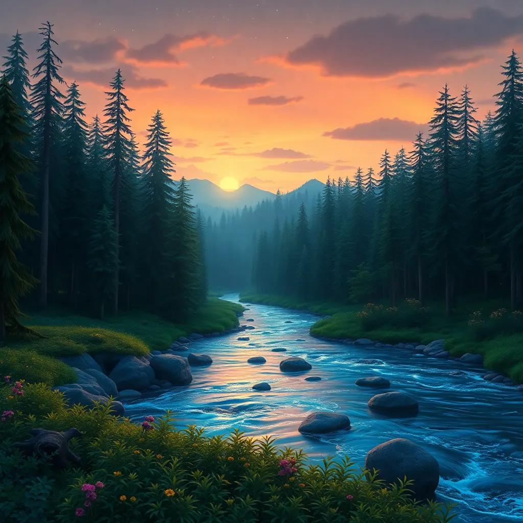 A beautiful landscape of the forest at dusk, with the Singing River glistening under stars, a sense of peace and adventure, detailed, magical feeling