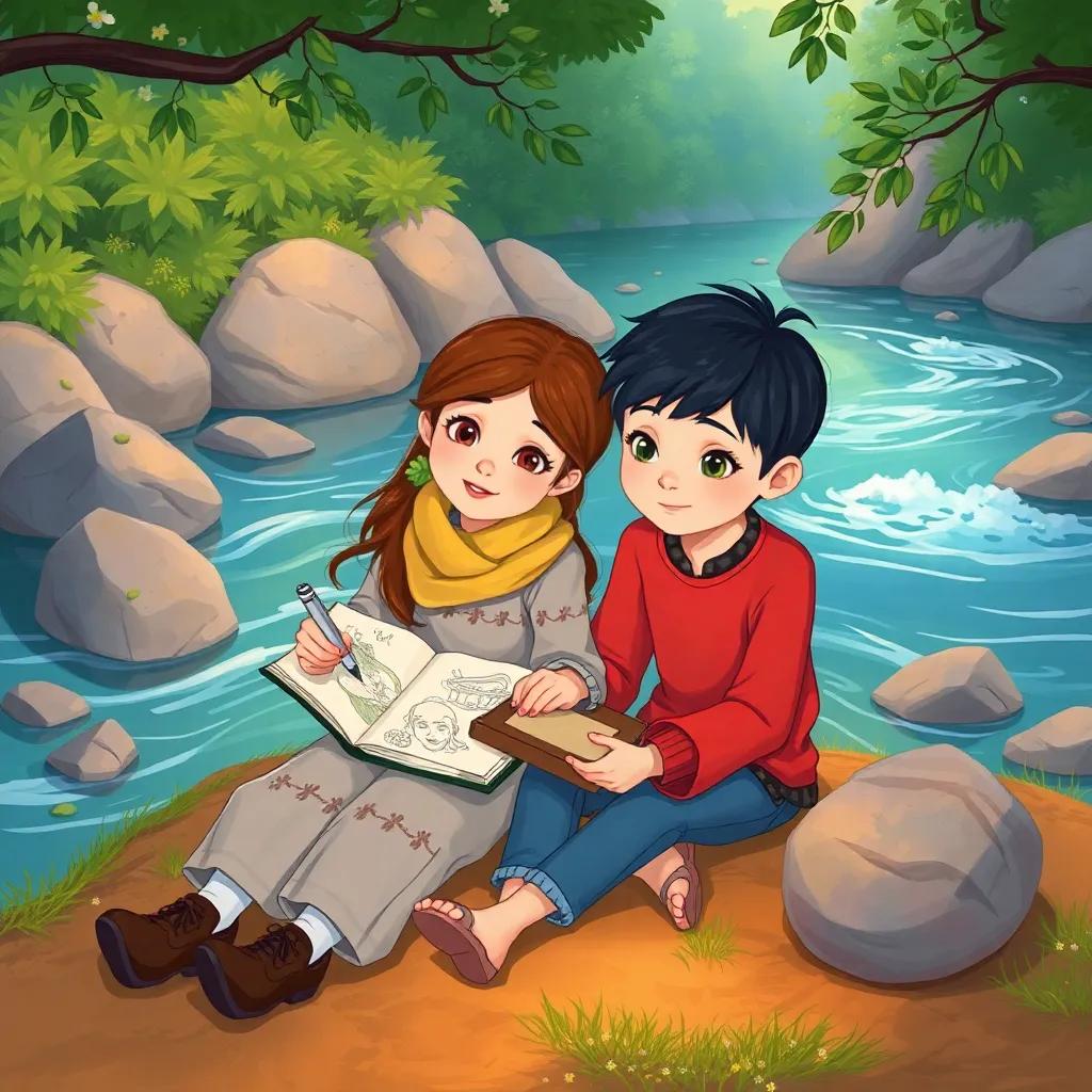 Mia and Leo sitting by the river, drawing pictures of their adventure in a notebook, with the Singing River flowing beside them, cozy and loving atmosphere, whimsical style
