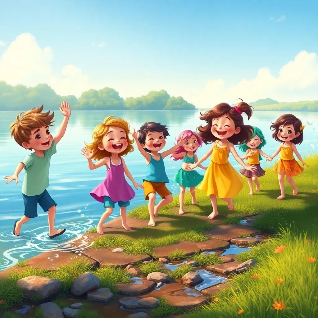 A group of happy children playing along the riverbank, dancing and singing with the water sprites, lots of laughter and joy, fantasy scene, vibrant colors