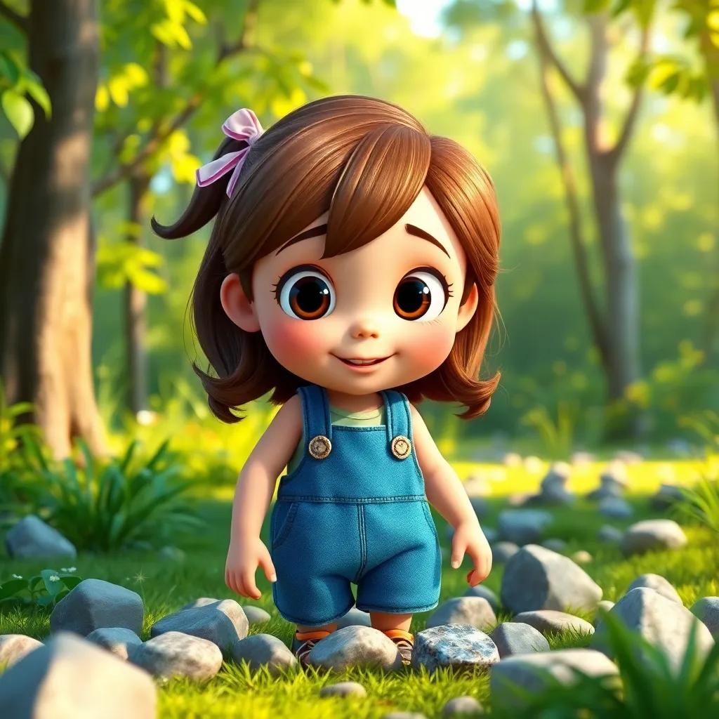 A curious girl named Lily with brown hair and blue overalls, exploring a sunny green forest, discovering sparkly stones on the ground, vibrant colors, cheerful atmosphere, child-friendly, high quality