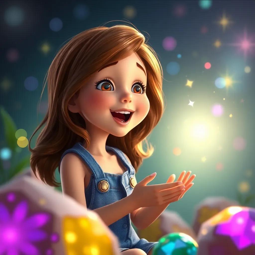 Lily with brown hair, blue overalls, singing to colorful sparkly stones, with a magical glow surrounding them, bright light, joyful scene, whimsical art, enchanting mood, high quality