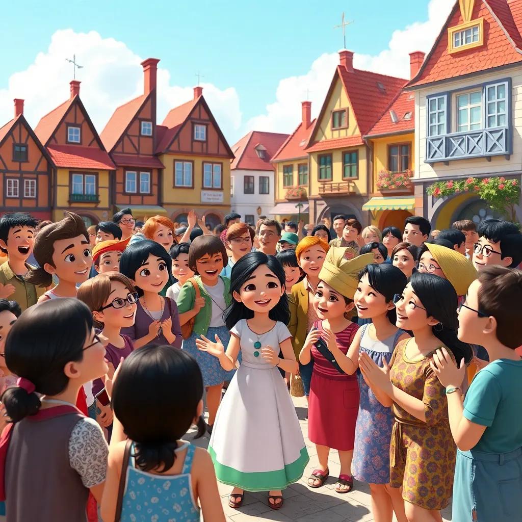 A crowd of curious townspeople of different ethnicities, gathered around Lily in the town square, smiling and clapping to the singing stones, bright sunny day, lively atmosphere, colorful, diverse community, joyful spirit, high quality