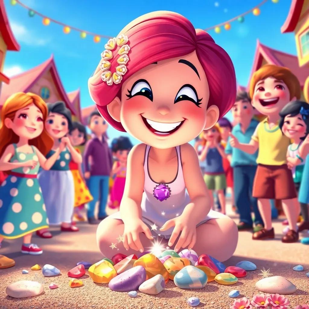 Lily placing the sparkly stones on the ground with a big smile, surrounded by happy townspeople dancing and laughing, bright blue sky, cheerful colors, joyful gathering, vibrant art, high quality