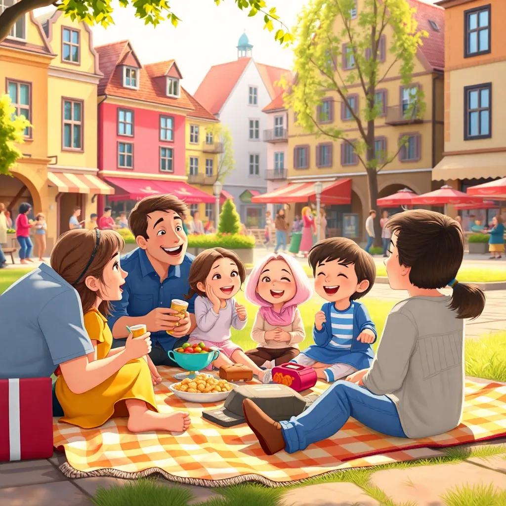 Families sharing snacks and blankets in the town square while listening to the singing stones, colorful picnic scene with laughter, warm sunlight, joyful interaction, heartwarming moment, child-friendly, high quality