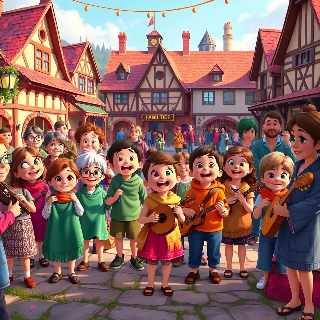 A group of excited children and adults arriving in the town square with blankets and instruments, eager to hear the singing stones, vibrant scene, celebration mood, colorful festive art, high quality