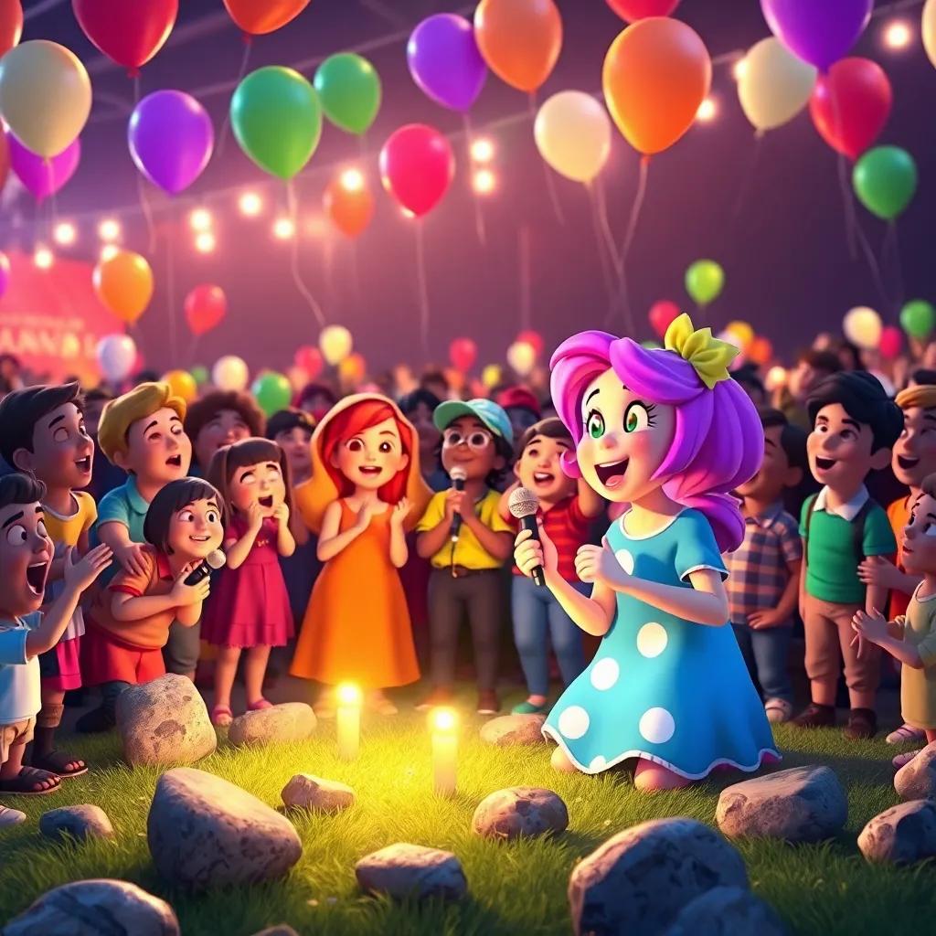 Lily with her friends organizing a big concert, everyone singing together with the stones in front, lively scene with balloons and lights, fun atmosphere, colorful, spirited, joyful experience, high quality
