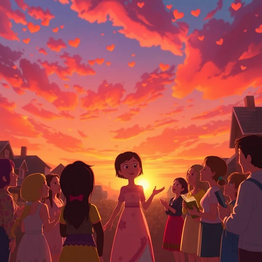 Lily and the townspeople singing under a stunning sunset, with the sky painted in orange and pink hues, hearts dancing in the atmosphere, magical moment, close-knit community, high quality
