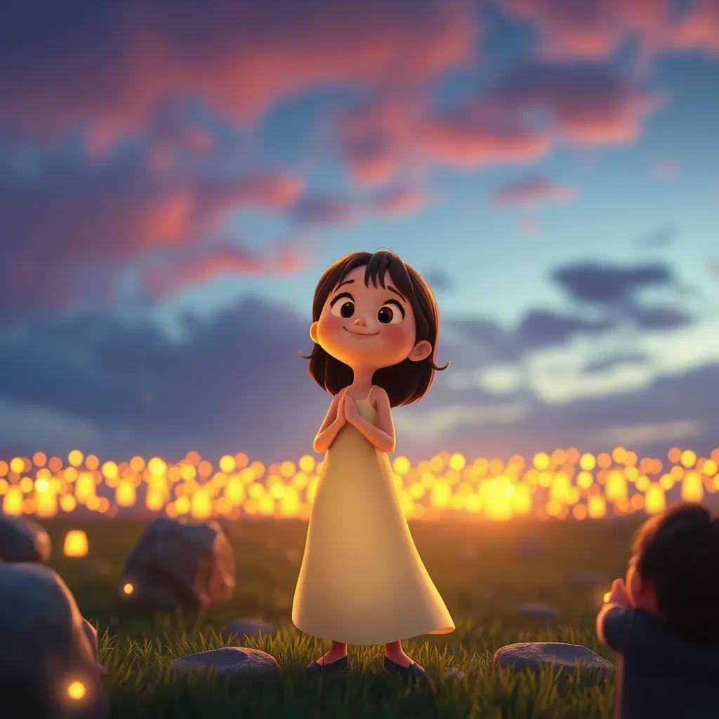Lily standing proudly as the concert ends, with singing stones glowing softly in the twilight, deep sense of joy and fulfillment, warm light, inspiring scene, child-friendly, high quality