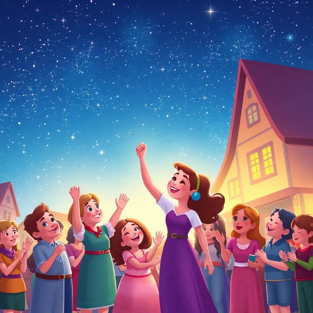 A beautiful heartwarming scene of Lily and the townspeople holding hands, celebrating music and friendship under a starlit sky, joyful faces, twinkling stars, colorful art, high quality