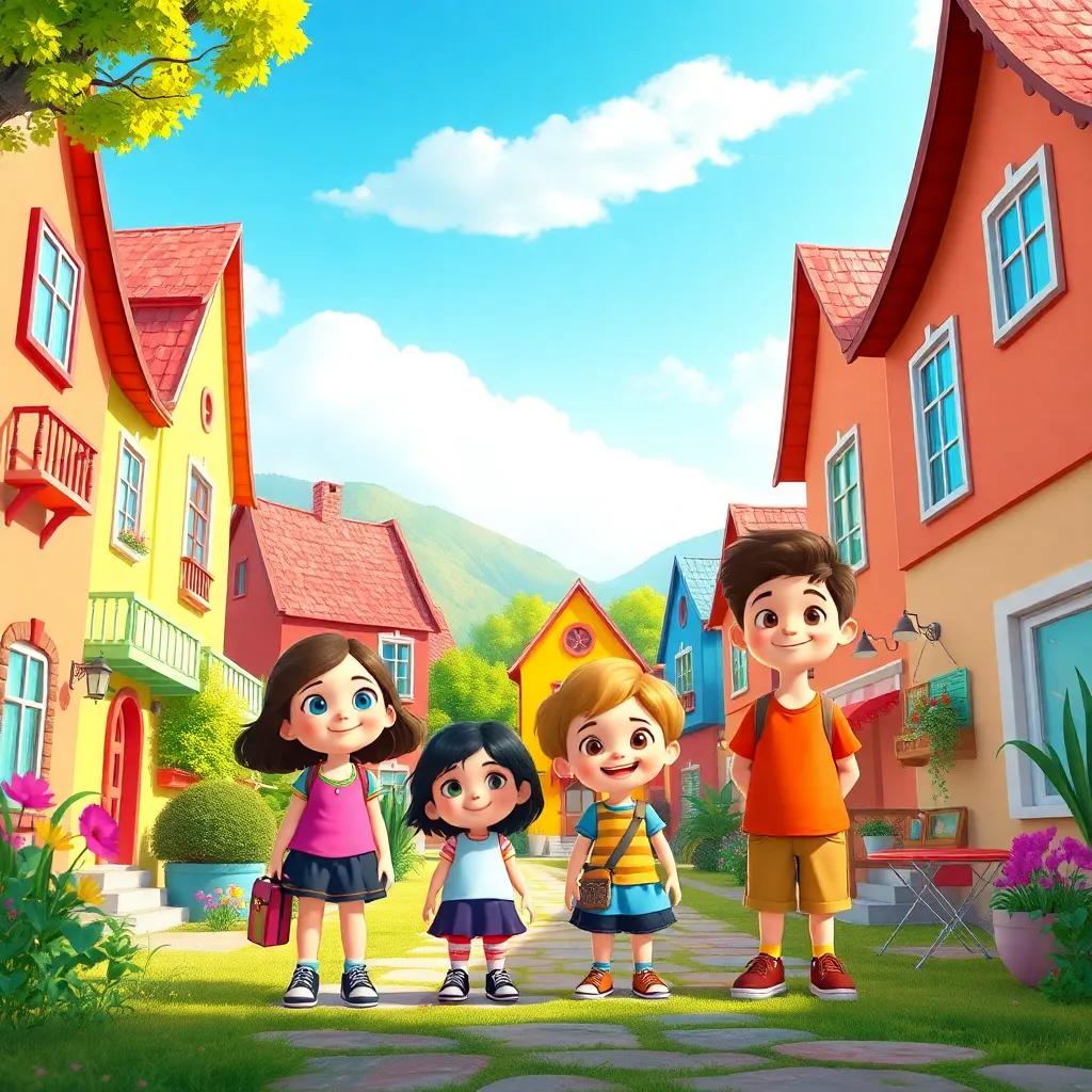 A colorful village with children playing outside on a sunny day, picture of four friends: Mia, Leo, Sara, and Sam, cheerful and lively atmosphere, digital art, vibrant colors, warmth, high quality