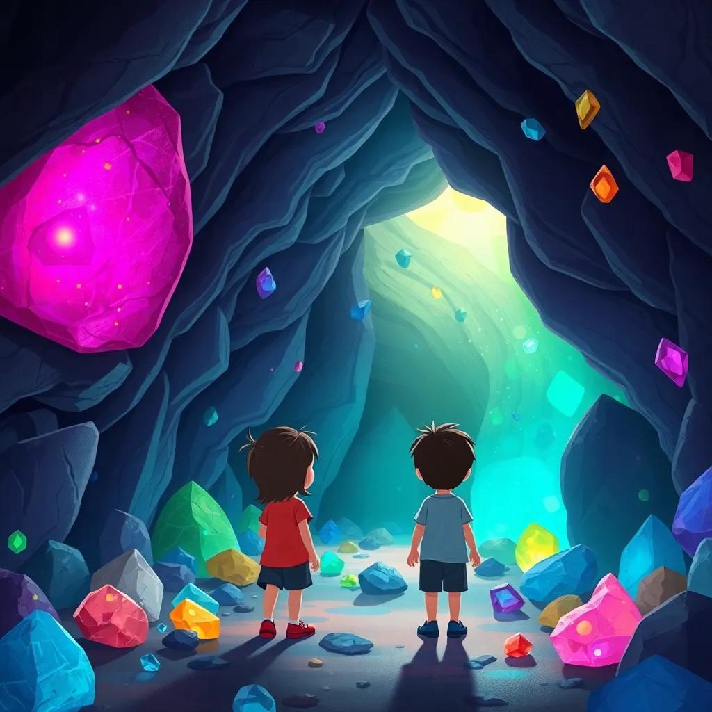 Inside a mysterious cave filled with sparkling stones in various colors, children exploring curiously, light glowing from the stones, magical environment, illustration, dreamlike, enchanting, friendly perspective