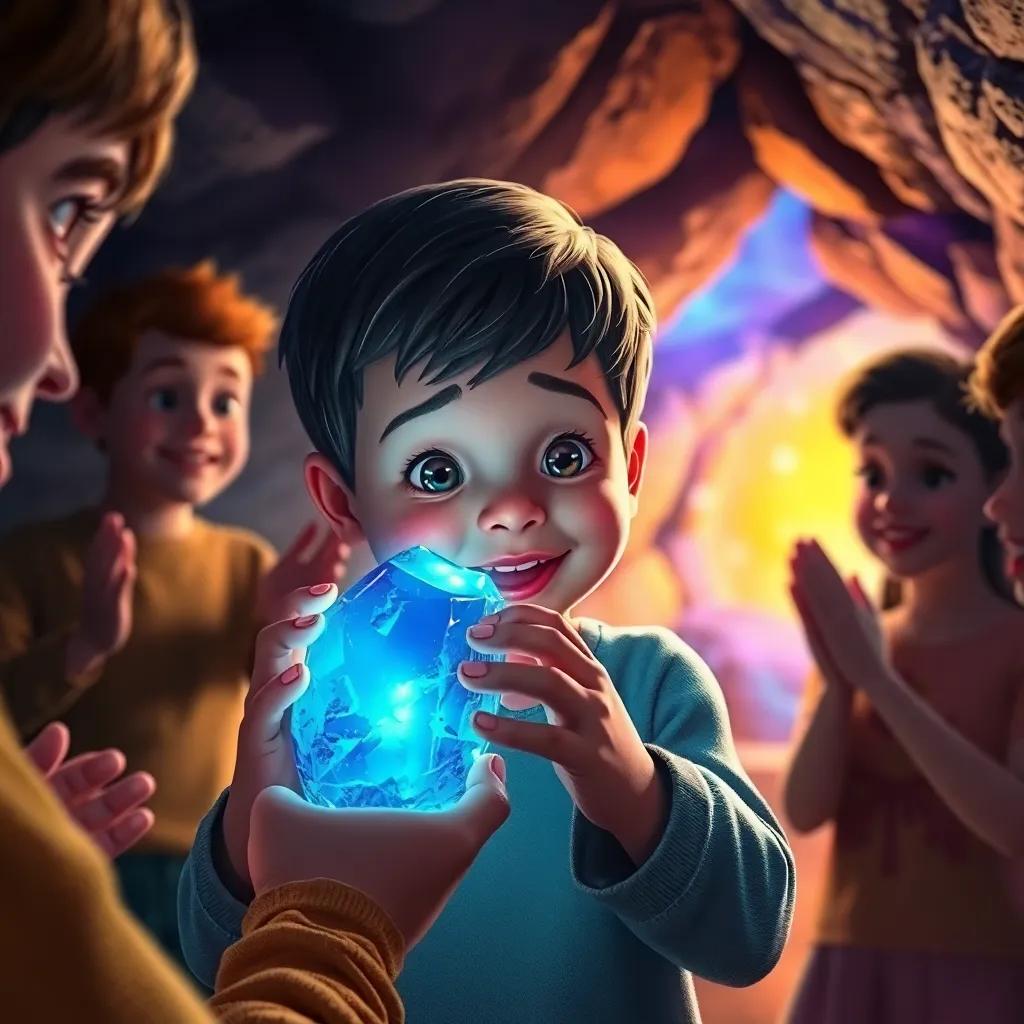 A close-up of a child touching a shiny blue stone that sings, surrounded by amazed friends clapping, interior of the cave with colorful glow, lively and enchanting scene, digital painting, cheerful