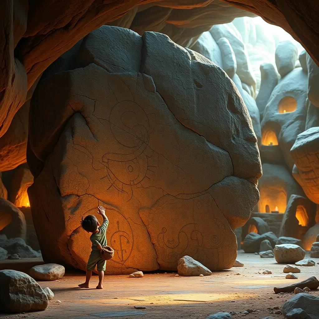 A large ancient stone covered in strange markings with a curious child reaching out to touch it, cave in the background with glowing stones, intricate details, captivating, warm light