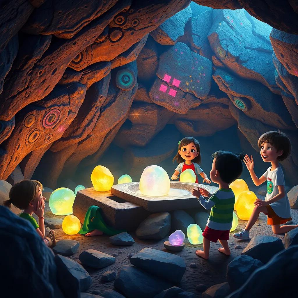 Friends playing the singing stones collectively, glowing stones creating a beautiful melody, children laughing and dancing, cave filled with colors and lights, captivating art, joyful atmosphere, high quality
