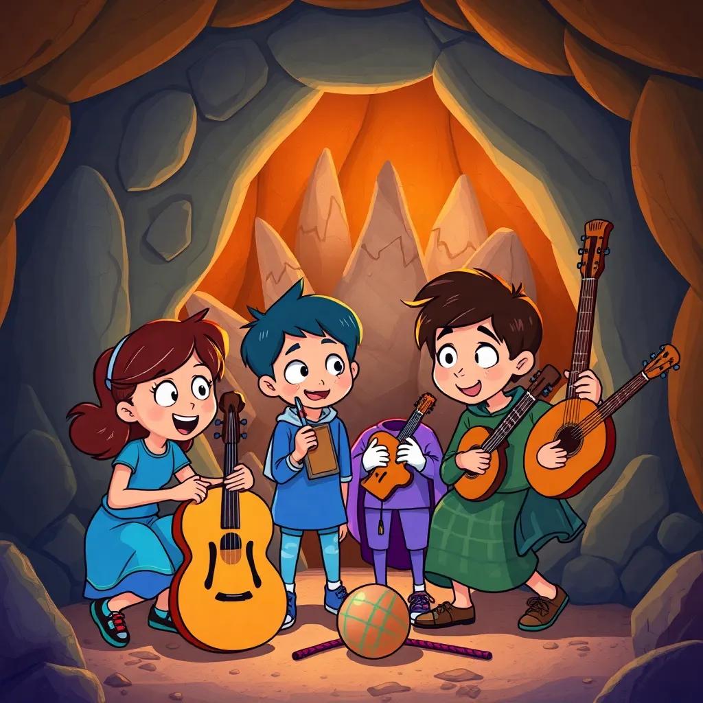 Friends with notes and instruments planning their quest in the cave, excited expressions, magical stones in the background, playful and imaginative scene, vibrant colors, illustration