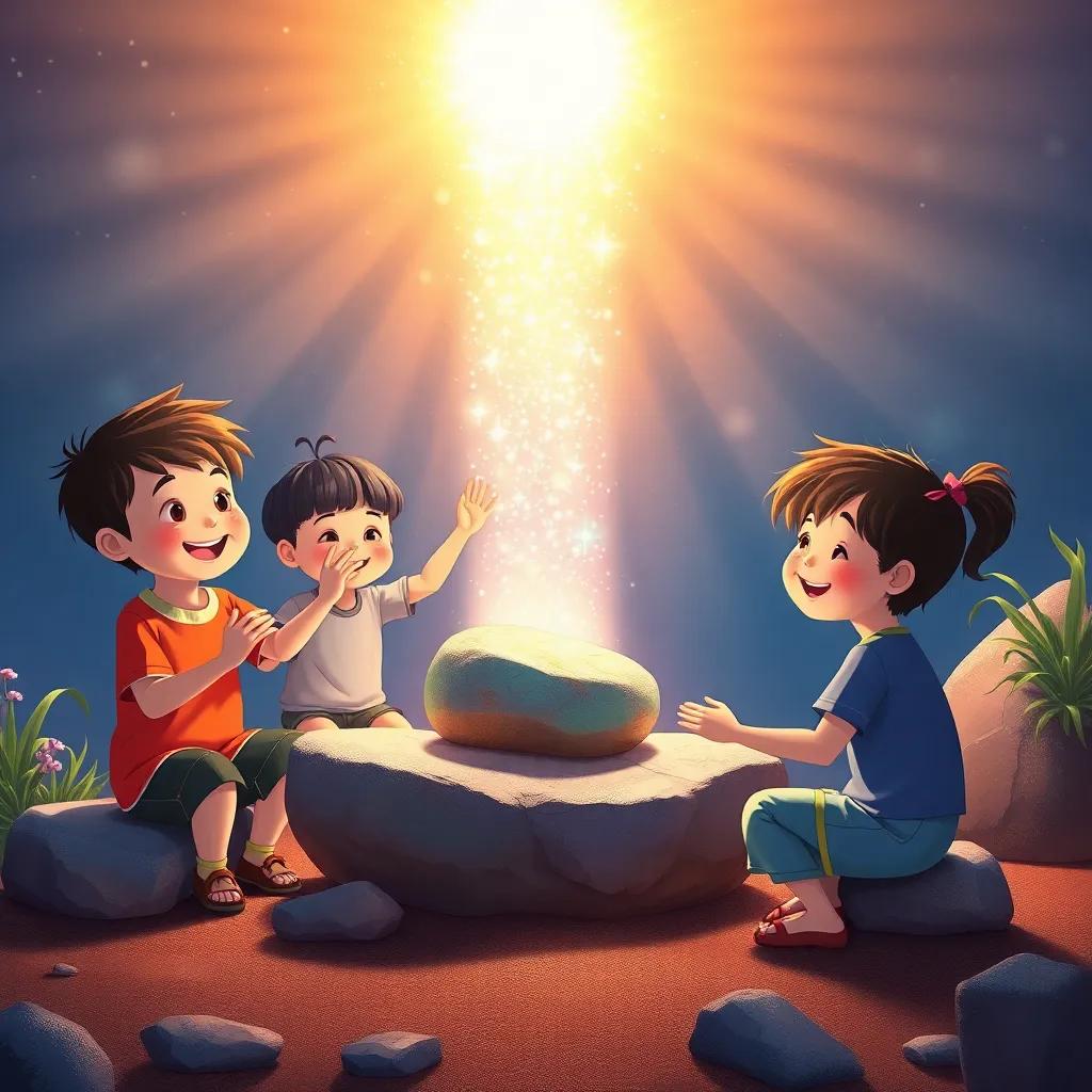 Children practicing with the singing stones, incredible light from the stones mixing with their joy, colorful and lively atmosphere, digital illustration, cheerful