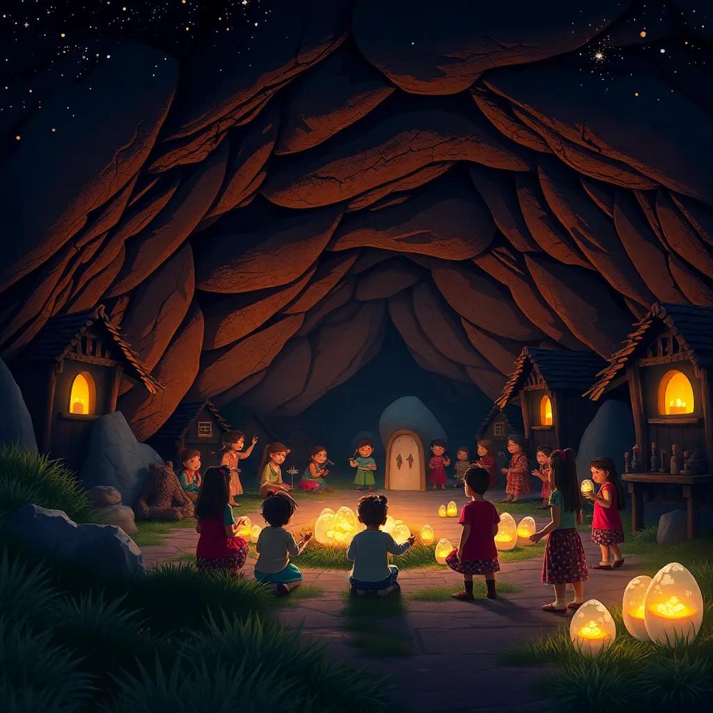 A night scene with a village gathered around the cave, children performing with the glowing singing stones, bright starry sky, warmth and happiness, magical atmosphere, digital art, high quality