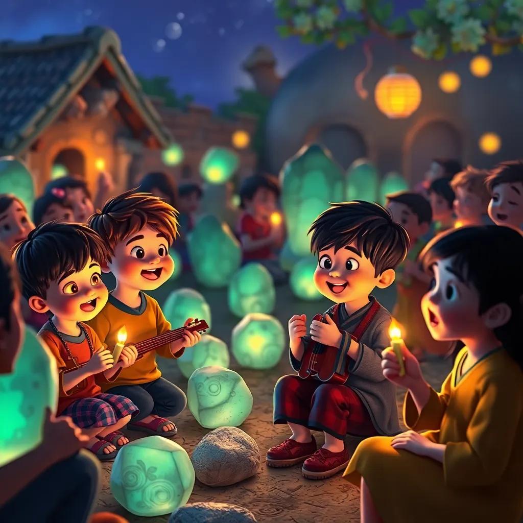 Children playing beautiful melodies in front of the audience, excited faces of villagers, glowing stones illuminating the night, joyful performance, whimsical and colorful, digital art, inviting