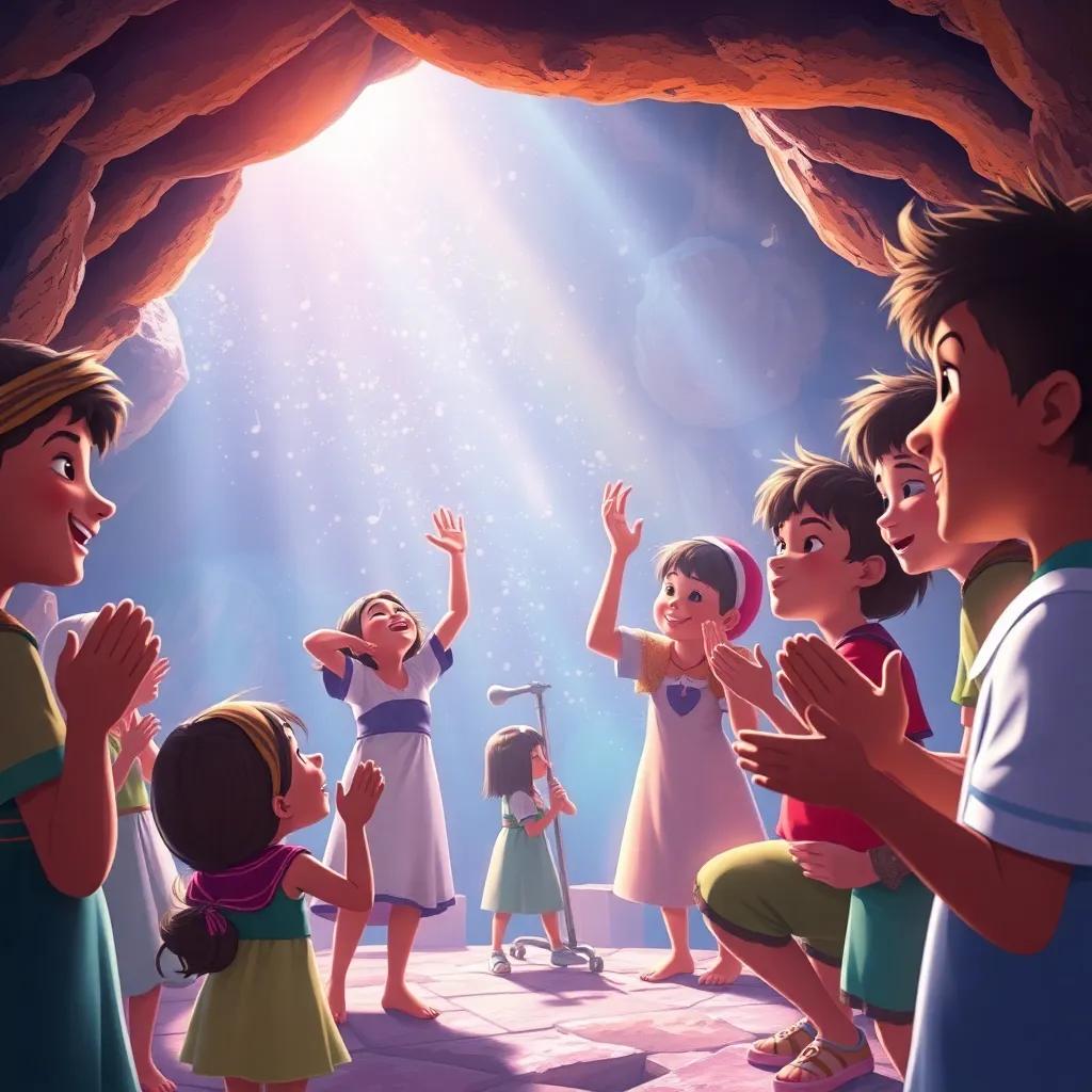 A bright and heartwarming moment of joy as the music fills the air, children smiling, villagers clapping, the cave shimmering, a unity of music and happiness, digital painting, enchanting
