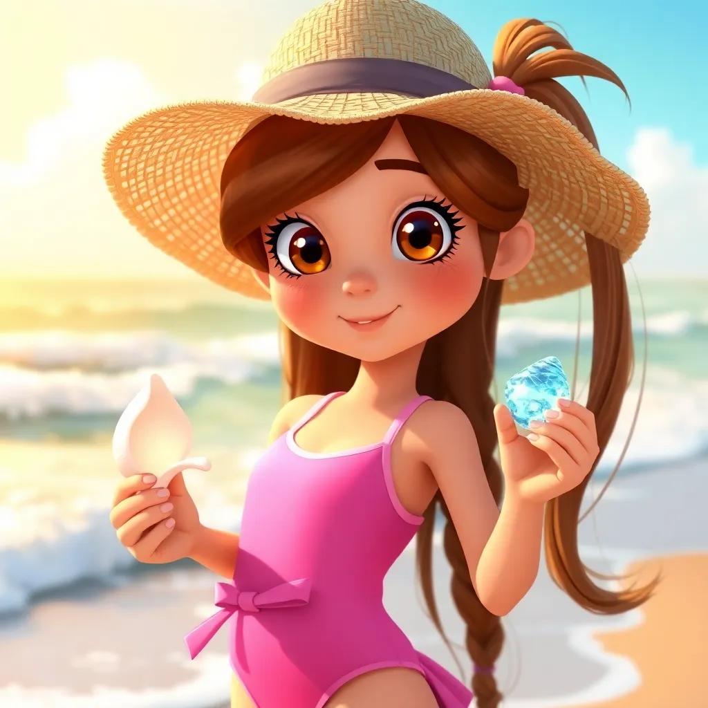 A curious girl, Bella, with long brown hair, wearing a pink swimsuit and a sun hat, holding a sparkling seashell at the beach, with waves in the background, digital art, vibrant colors, sunny atmosphere, high quality