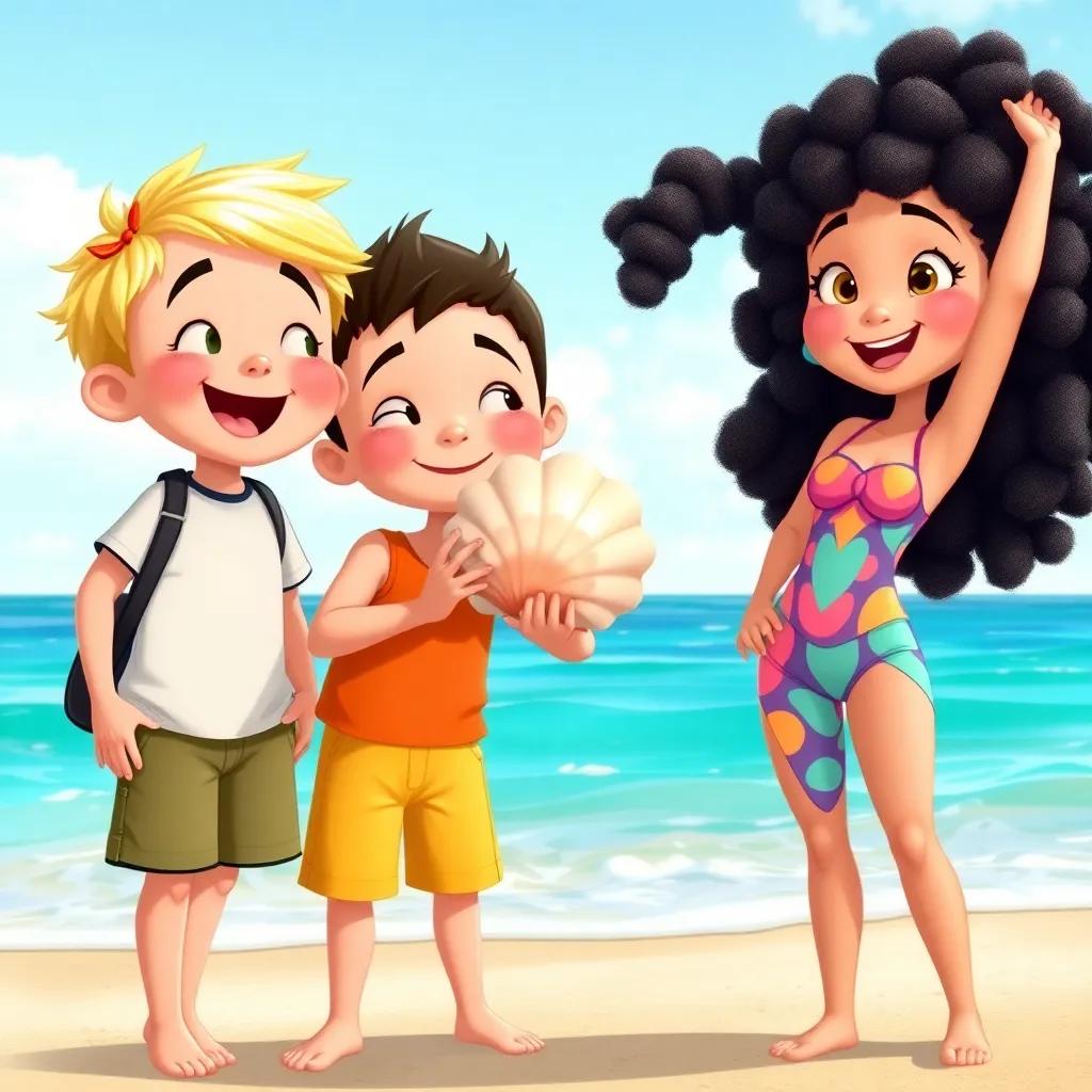 Bella with her friends, Jake, a young boy with short blonde hair in a t-shirt and shorts, and Mia, a girl with curly black hair in a colorful swimsuit, all standing excitedly next to Bella holding the seashell, beach background, cheerful tone, detailed digital illustration