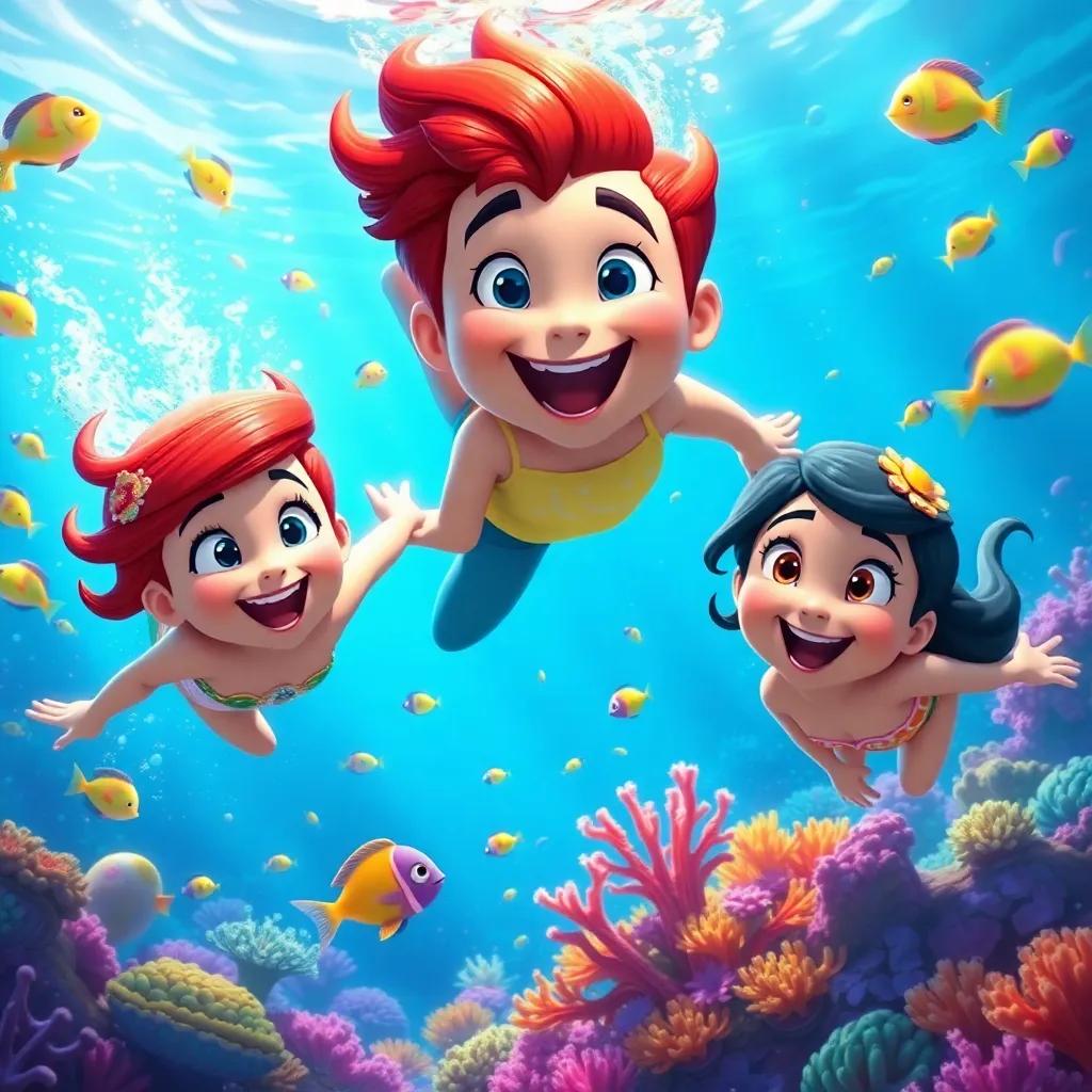 Bella, Jake, and Mia swimming in the ocean, surrounded by colorful fish and coral, with sunlight streaming through the water, their faces full of joy, digital art, bright and lively colors, high quality