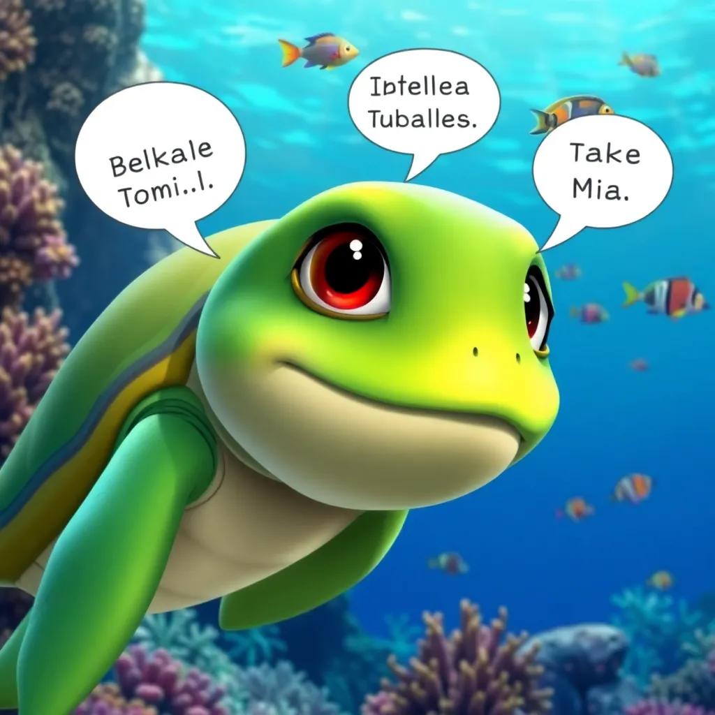 A friendly sea turtle named Tula, with green scales and wise eyes, speaking to Bella, Jake, and Mia underwater, surrounded by coral and colorful fish, vibrant coral reef background, detailed digital art, inviting and friendly feel