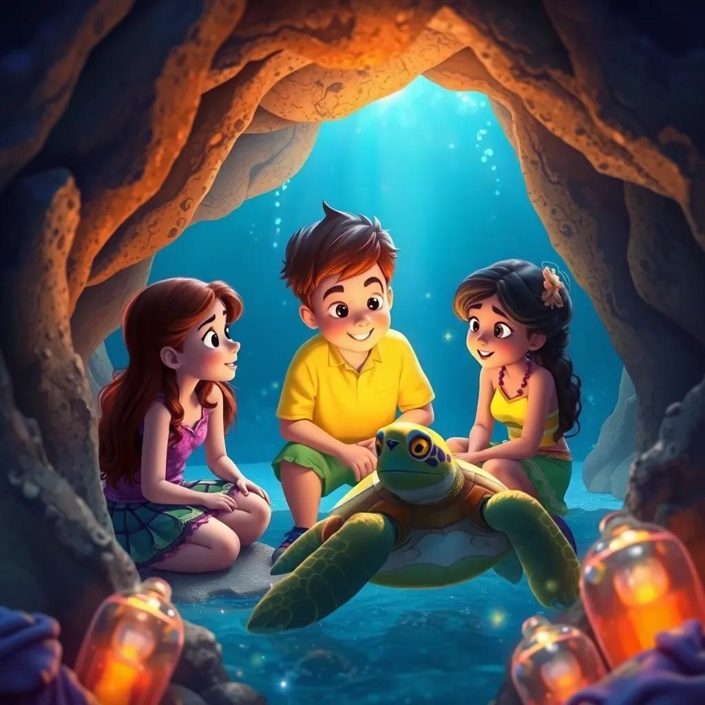 Bella, Jake, and Mia listening intently to Tula, the sea turtle, in the underwater cave, sparkling treasures around them, soft light illuminating the scene, magical atmosphere, digital art, engaging and warm