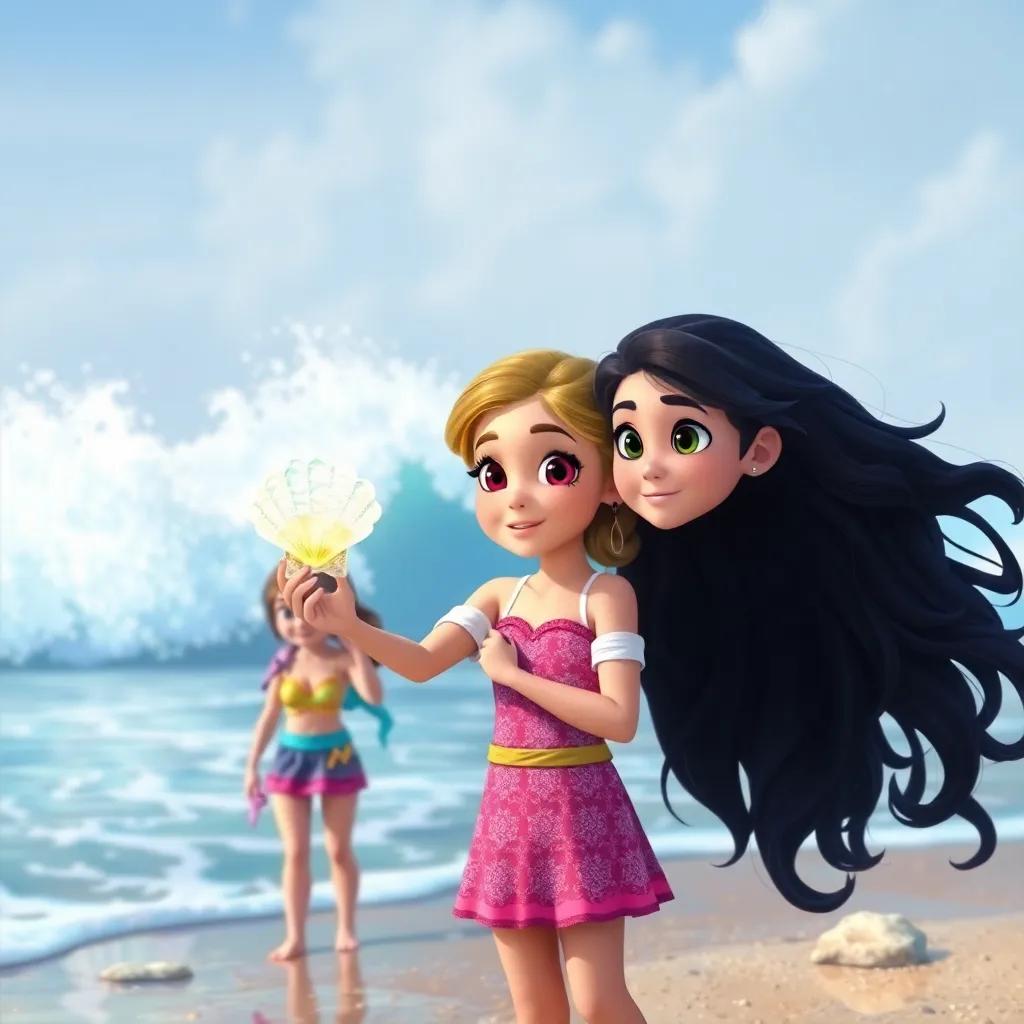 Bella and her friends at the beach, holding the sparkling seashell, looking determined and inspired to protect the ocean, with waves crashing in the background, digital art, bright and hopeful colors, high quality