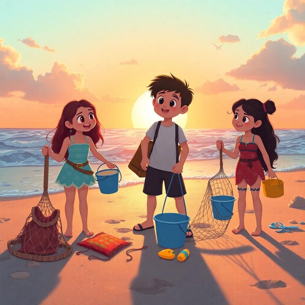 Bella, Jake, and Mia exploring the beach, with various ocean tools like nets and buckets, planning their next ocean adventure, with the sun setting in the background, warm and inviting atmosphere, detailed illustration