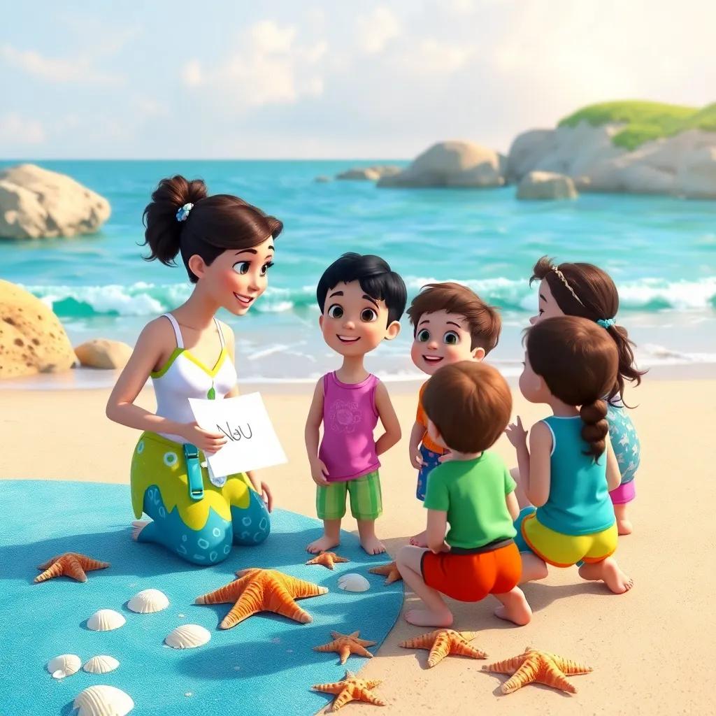 Bella, Jake, and Mia explaining ocean conservation to a group of children at the beach, with nearby seashells and starfish around them, engaging and educational scene, digital art, colorful and cheerful atmosphere