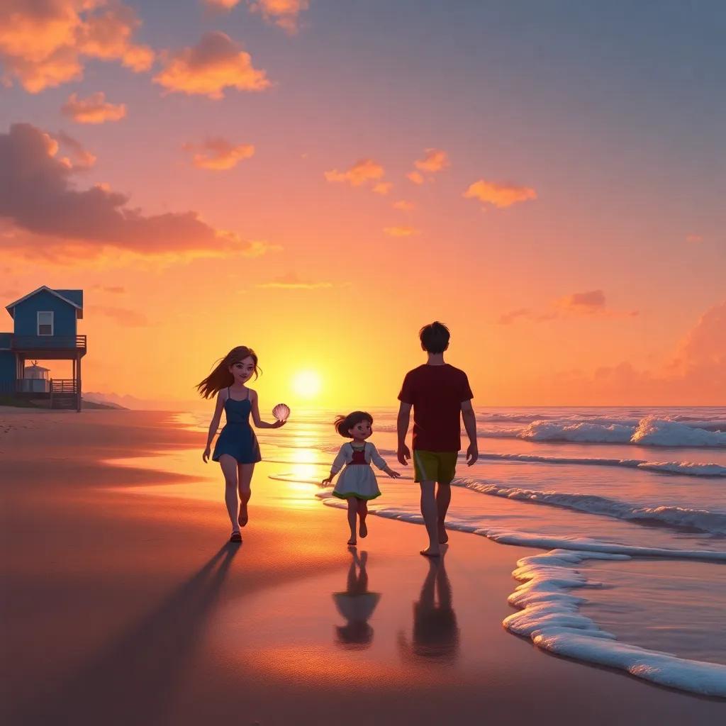 A beautiful sunset at the beach, with Bella, Jake, and Mia walking home, the seashell shining in Bella's hand, waves gently lapping at the shore, serene and inspiring, high quality, detailed digital art