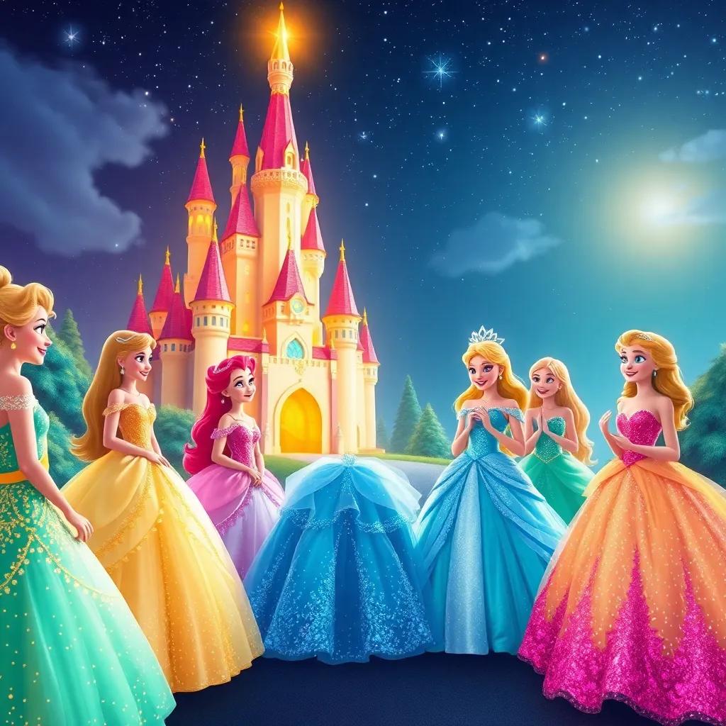 A bright kingdom with a shining castle, twelve princesses in glittery gowns, giggling and preparing for a dance under the night sky, child-friendly, digital art, colorful, warm atmosphere, high quality