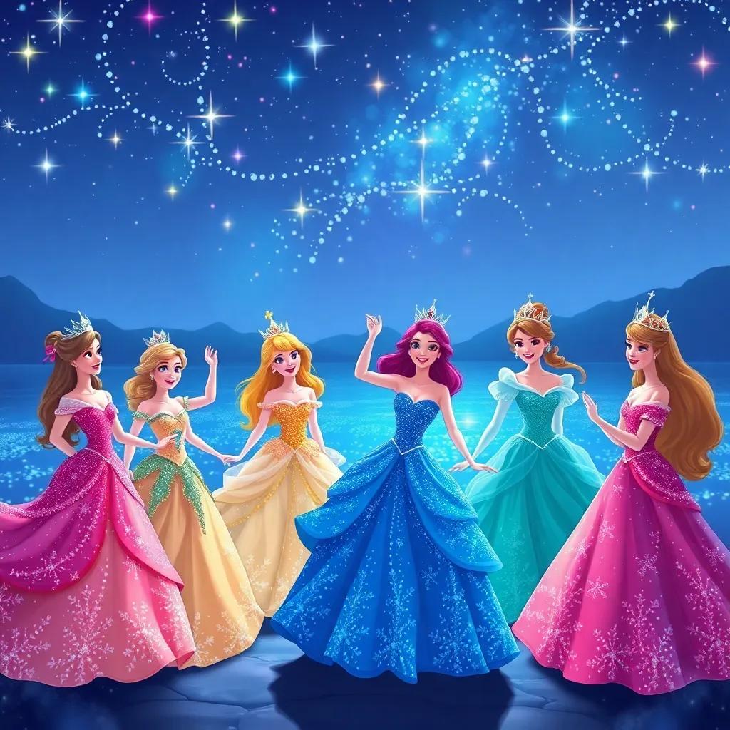 Twelve princesses, each wearing sparkling crowns, dressed in glittery gowns, dancing joyfully by a magical lake shimmering like diamonds, whimsical illustration, vibrant colors, enchanting night scene