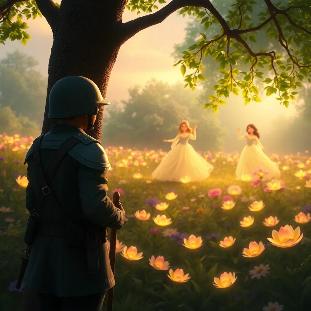 The soldier hiding behind a tree, watching the princesses dance in a beautiful flower garden with glowing flowers, detailed digital painting, magical, peaceful light, high quality