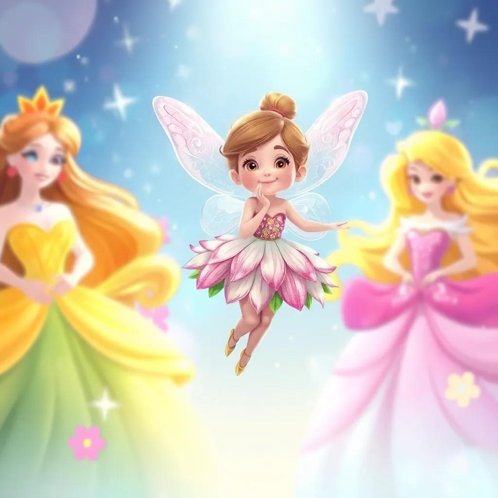 A tiny fairy with a dress made of petals, flying around the princesses, sparkling lights and magic dust filling the air, cheerful atmosphere, colorful, child-friendly illustration
