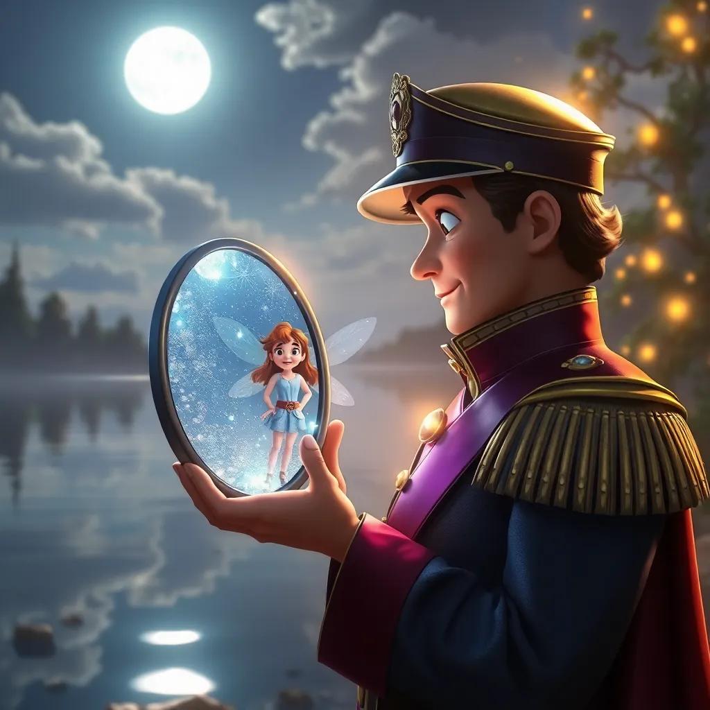 The soldier holding a shiny mirror that sparkles under the moonlight, with amazed fairy looking at the mirror, calm lake view in the background, realistic, detailed, warm lights
