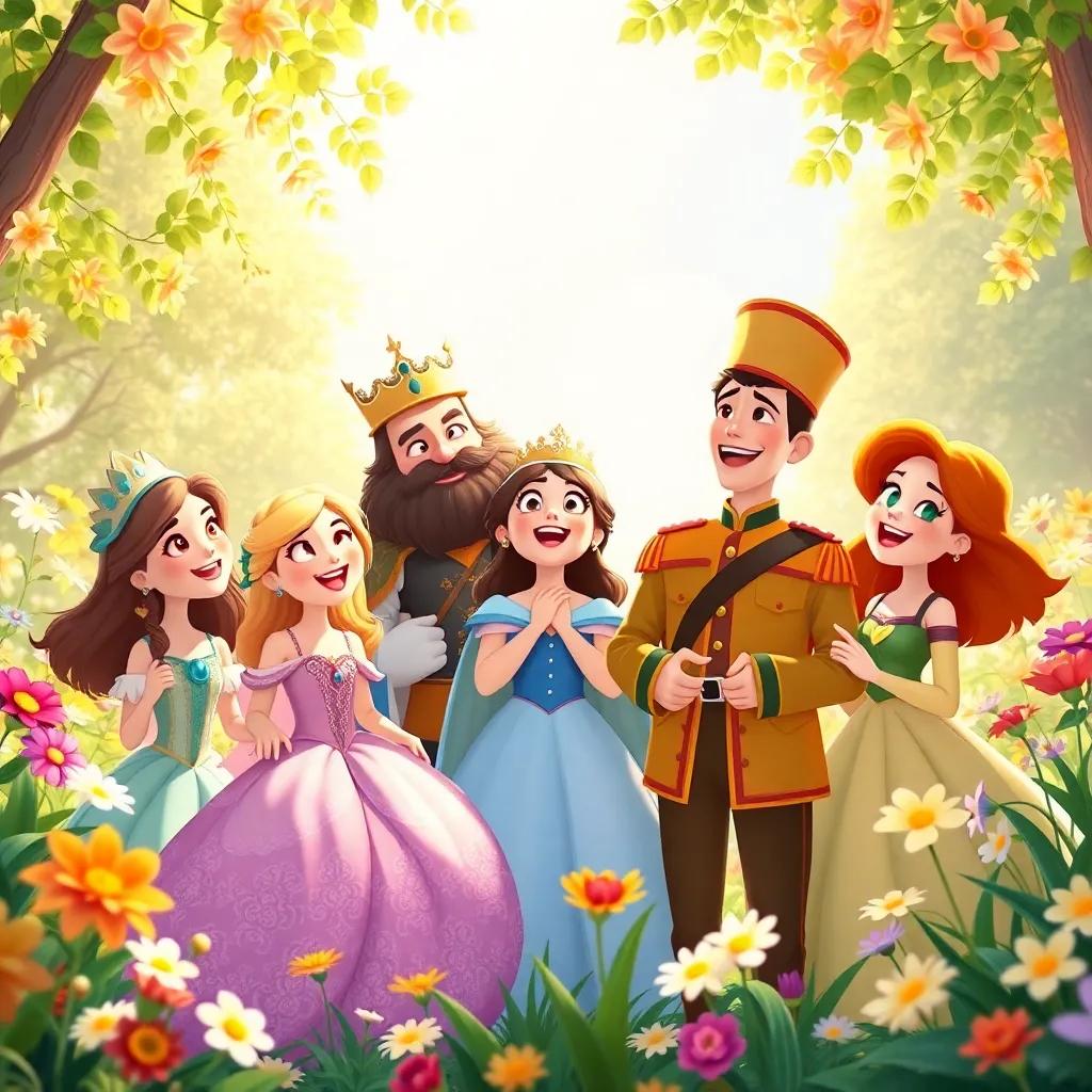 A joyful scene with the king, princesses, and soldier celebrating together in a bright garden, filled with flowers and sunshine, everyone smiling and singing, high quality, colorful, uplifting