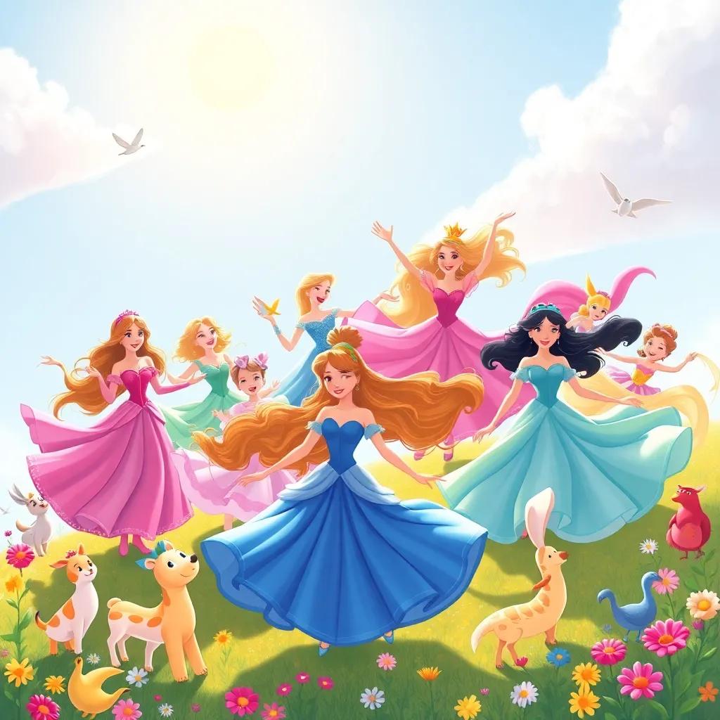 Twelve princesses dancing joyfully under the bright sun with their beautiful dresses flowing, surrounded by happy animals and flowers, cheerful day scene, colorful, heartwarming, child-friendly illustration