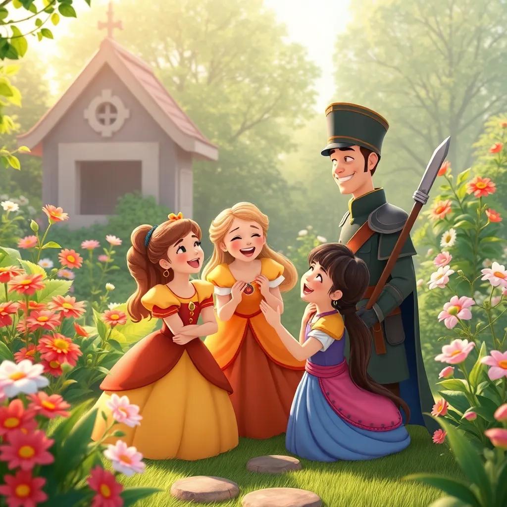 The soldier with the princesses, happily playing together in the garden, laughter and magic filling the air, bright colors, joyful atmosphere, detailed and friendly illustration