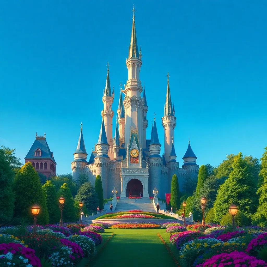A grand castle with tall towers sparkling against a blue sky, surrounded by beautiful gardens, digital art, colorful and inviting, warm light, high quality