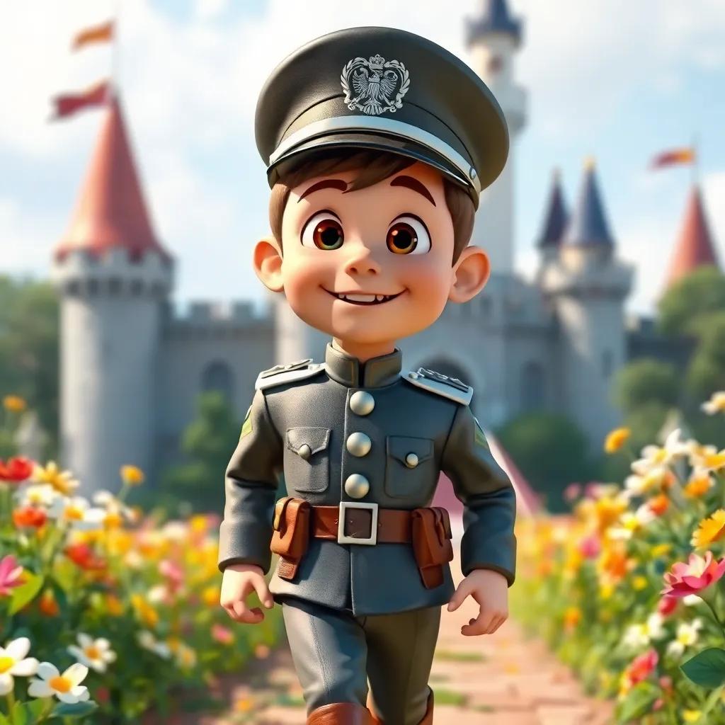 A brave soldier with bright, curious eyes, wearing a shiny uniform, cheerfully walking towards the castle, surrounded by flowers, bright colors, cheerful mood, high quality