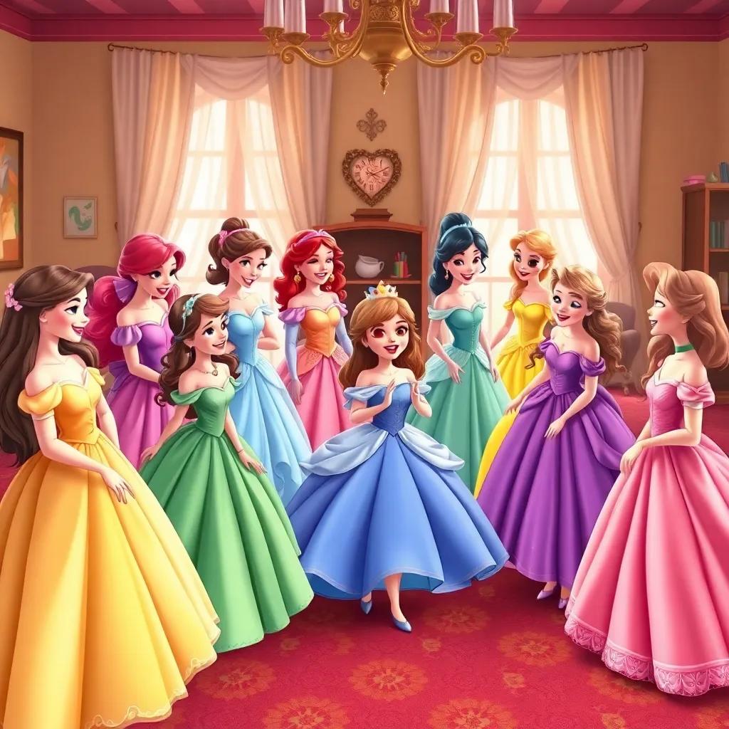 Twelve princesses wearing lovely dresses of every color, giggling and dancing in their room, a warm and cozy atmosphere, delightful, colorful, high quality