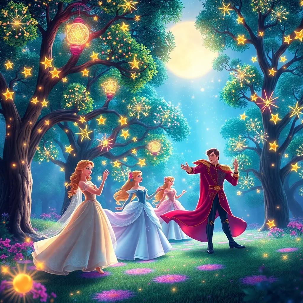 A magical land full of shimmering lights and music, with princesses dancing with handsome princes, trees full of glowing stars, vibrant colors, enchanting atmosphere, high quality