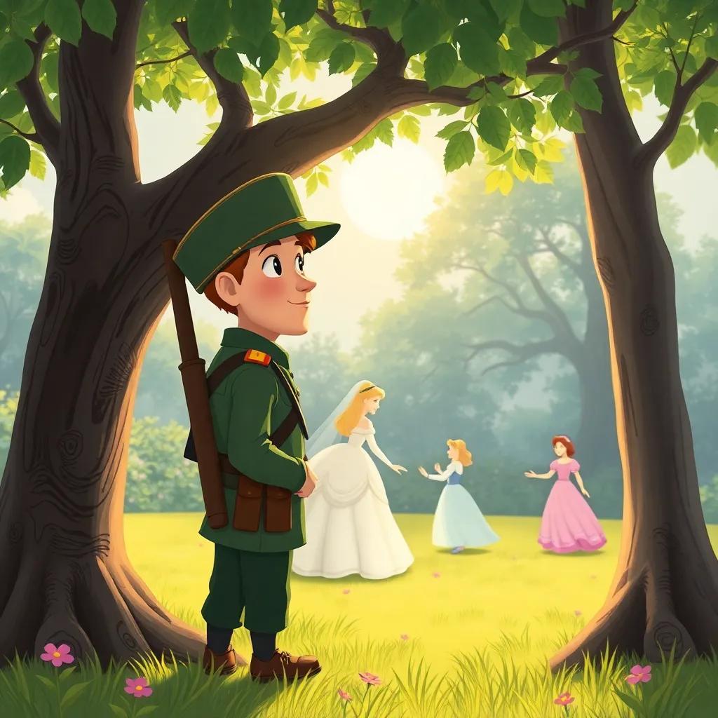 The soldier hiding behind a tree, amazed as he watches the princesses dance, feeling warm happiness in his heart, peaceful scene, bright, whimsical styles, high quality