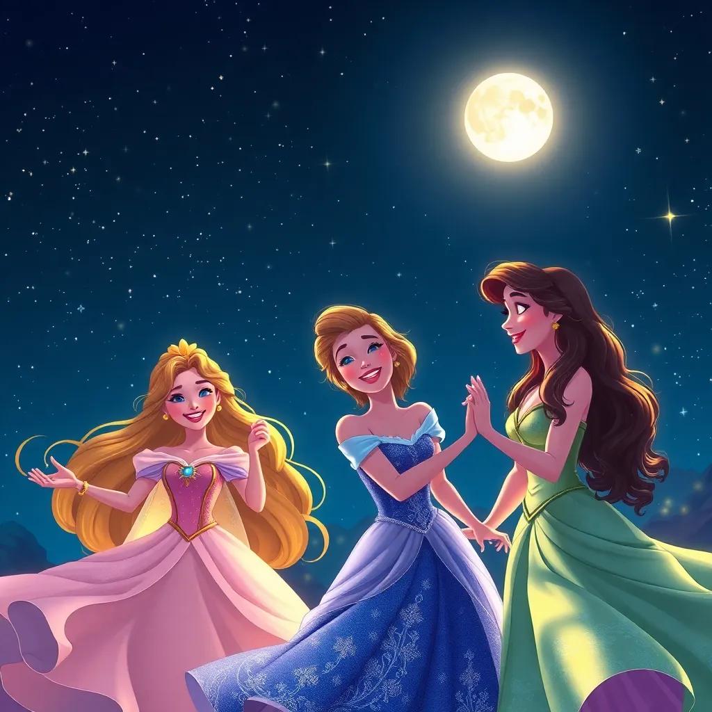 The princesses smiling and laughing while dancing under the stars, with moonlight shining, a warm glow, joyful mood, fantasy style, high quality