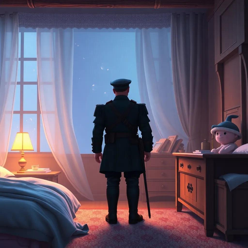 The soldier returning to his spot in the bedroom, watching the tired princesses return to bed, a cozy and peaceful atmosphere, soft lighting, high quality