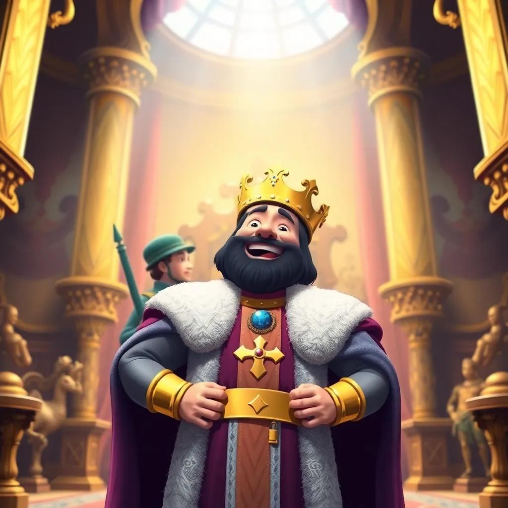 A joyful king, thrilled to hear the soldier's magical story, standing in his grand throne room filled with light and happiness, royal theme, vibrant colors, high quality
