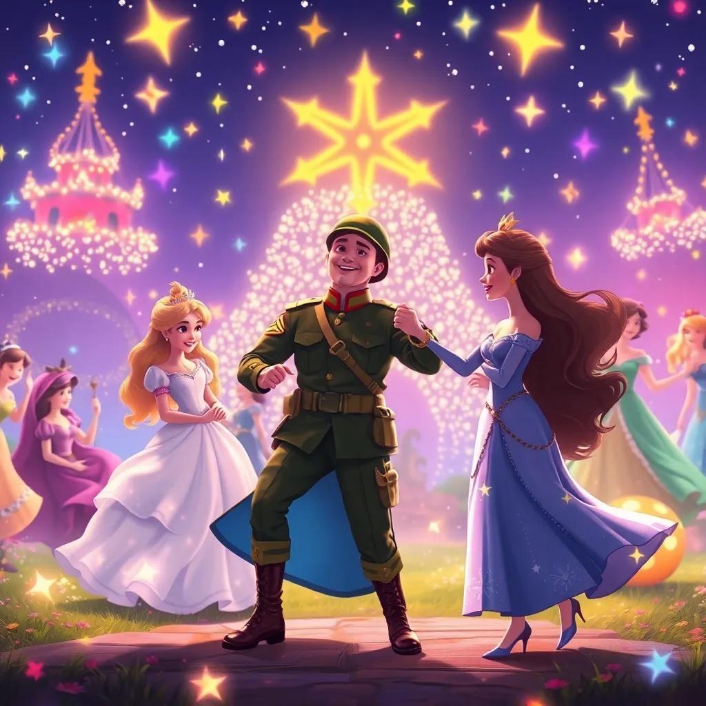 The soldier dancing happily with the princesses in the magical land, surrounded by sparkling lights and colorful stars, celebrating friendship, vibrant and joyful, high quality