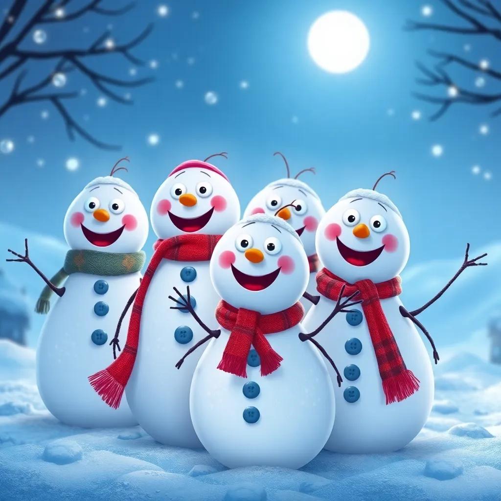 A group of magical snowmen with button eyes and scarves, standing together in the moonlight, joyful and animated, a snowy background, vibrant colors, charming illustration